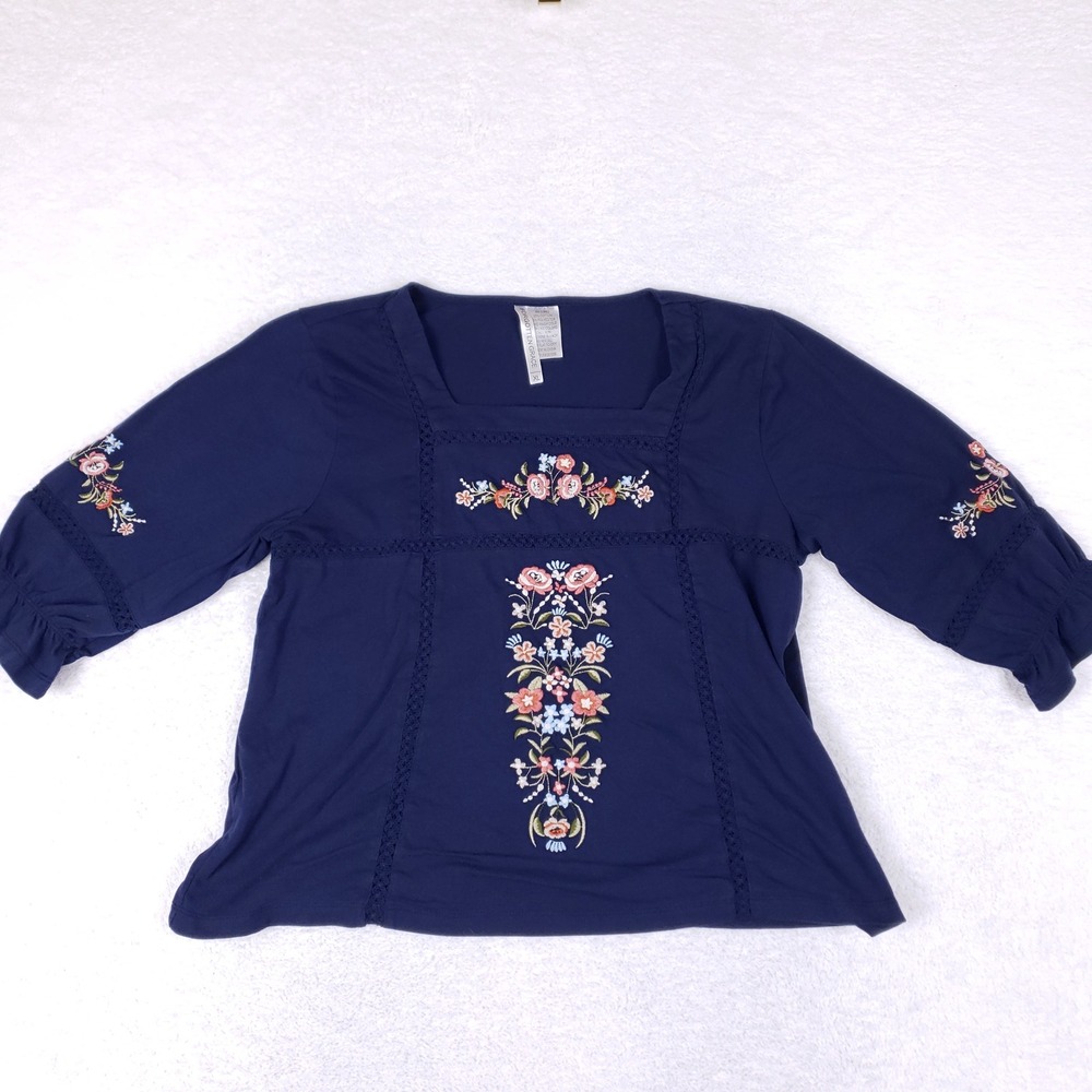Forgotten Grace Navy Blue Floral Embroidered‎ Square Neck Top XL SB1099